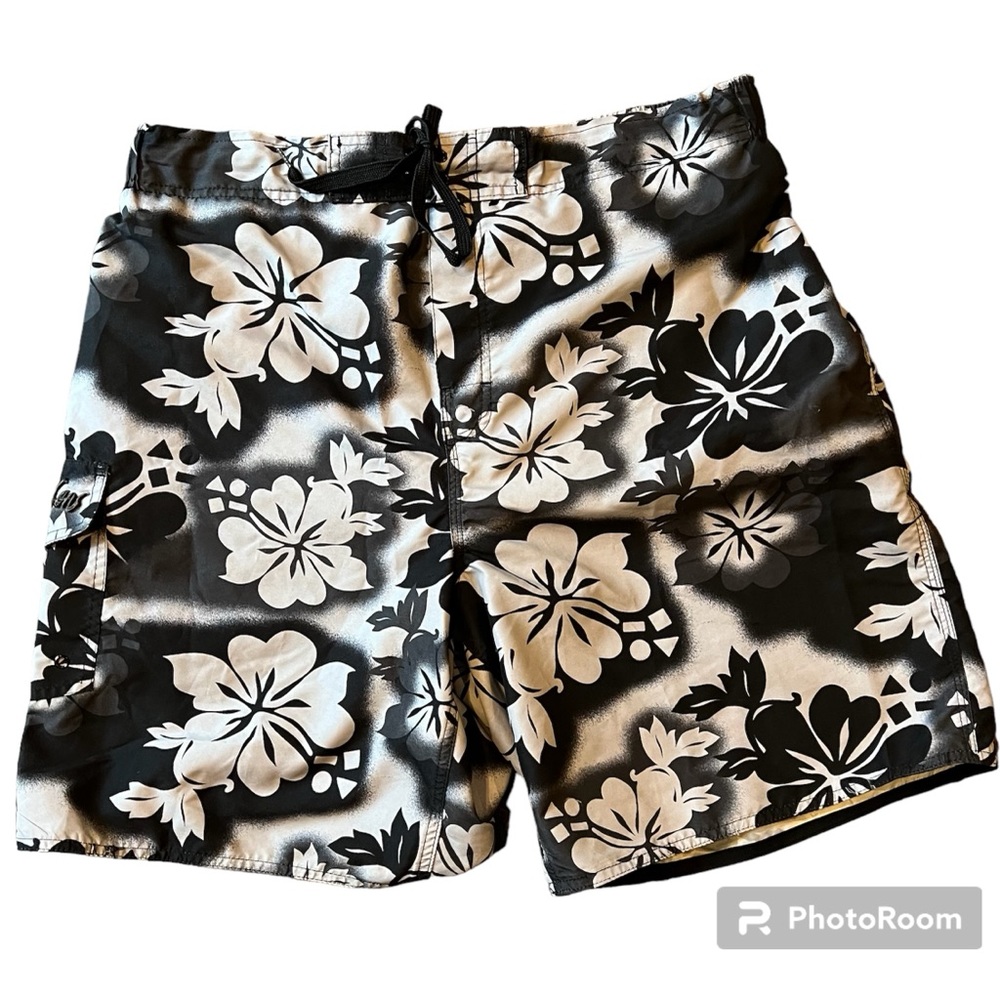 Maui And Sons Board Shorts Tropical Print Men's Large Black & Gray Mesh Lined